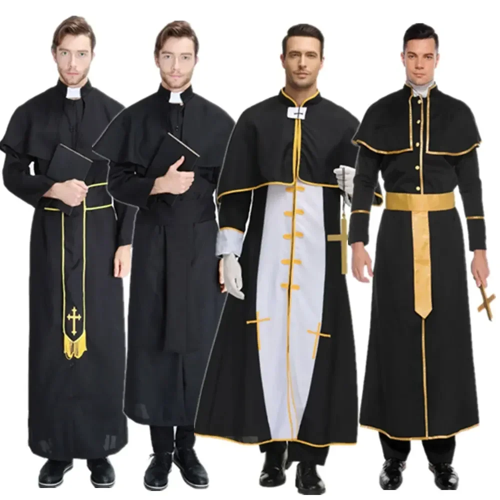 Halloween Priest Godfather Missionary Costumes Jesus Christ Missionary With Belt Neckwear Cross Man God Father Cosplay Costumes