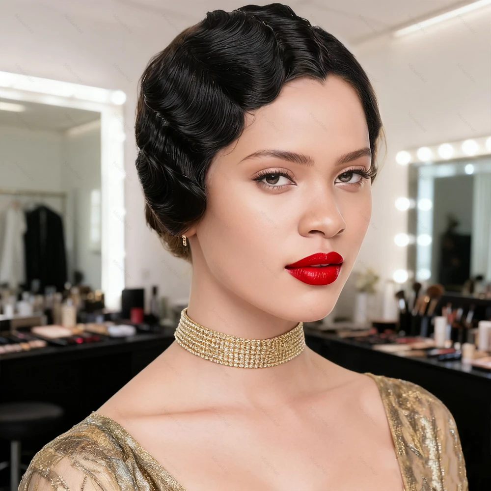 French Retro Bob Wig Human Hair Water Waves Machine Weft Affordable Machine Made Bob Wig Full Machine Made 1B #2 #27 #99J #613