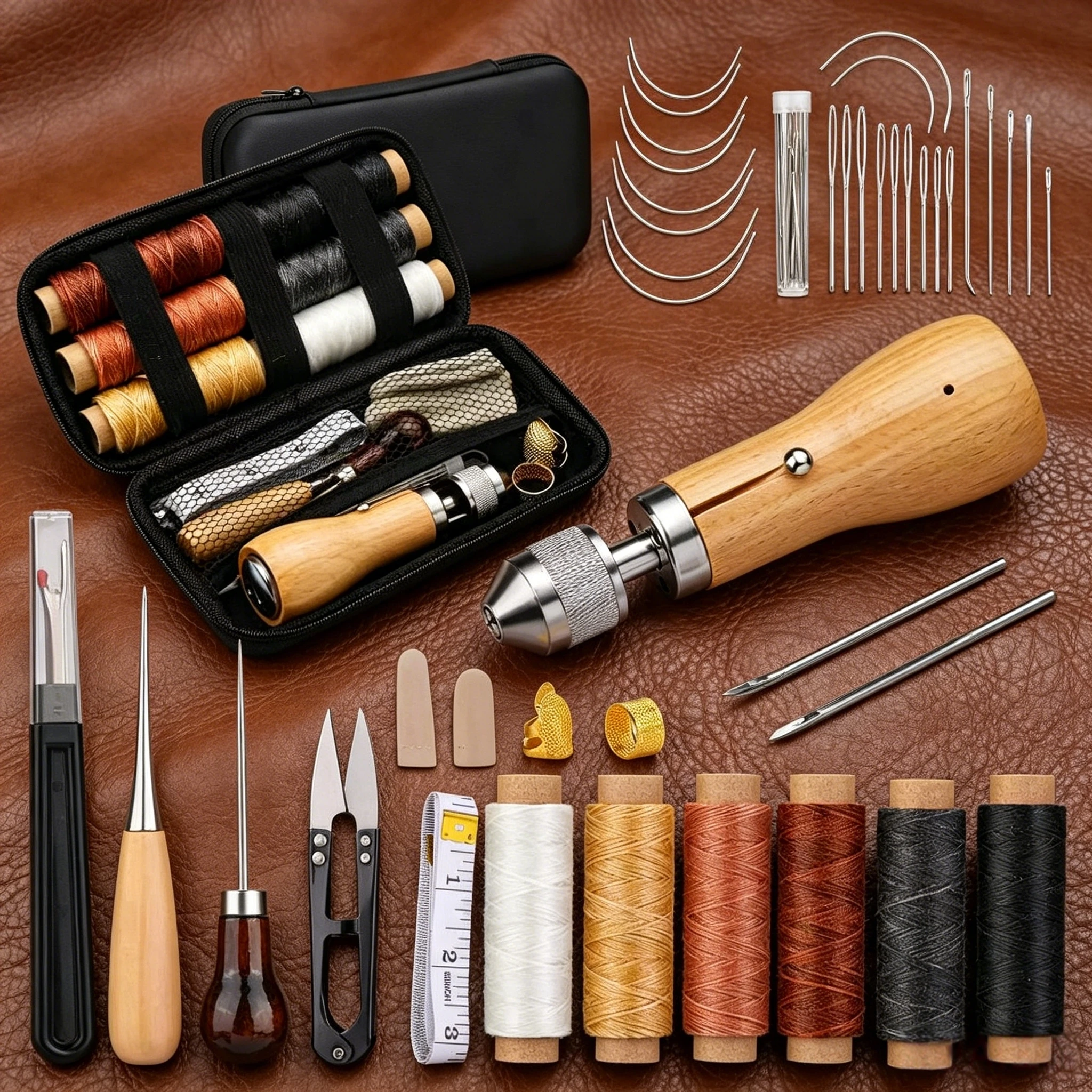 Juego de herramientas portátiles de cuero, máquina de coser manual para cuero, aguja de coser de cabeza grande para reparación de cuero, hilo encerado para coser