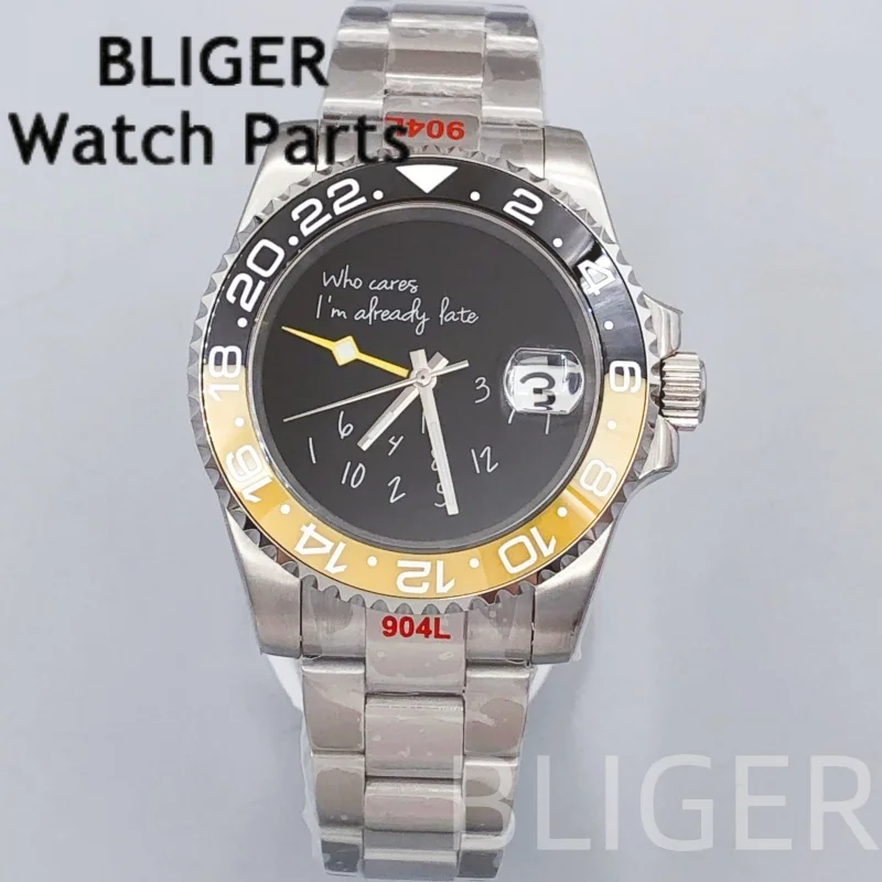 BLIGER 40 مللي متر أصفر GMT ساعة للرجال NH34A ساعة اليد الميكانيكية أسود أصفر السيراميك الحافة الياقوت الزجاج Lume 100 متر مقاوم للماء
