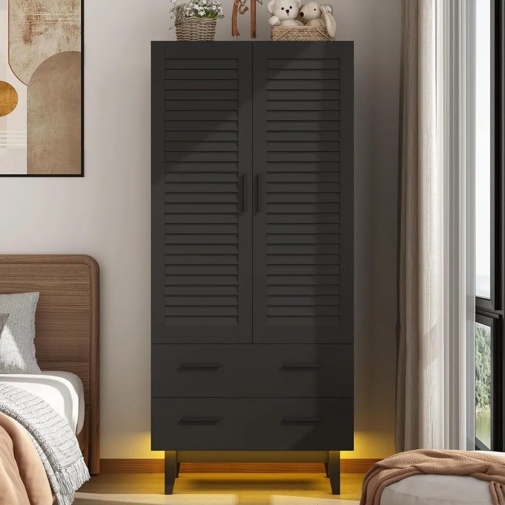 

2 Door Armoire Wardrobe Closet Cabinet with Drawers and LED Lights, Multi-Tier Shelves, Hanging Rod & 2 Louver Doors, Large Capa