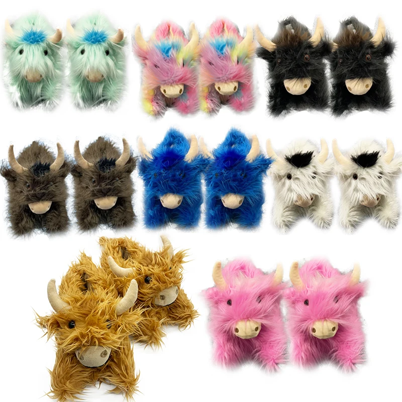 Highland Cow Plush Slippers Winter Fashion Colourful Fluffy Cattle Shoes Soft Warm Indoor Cartoon Furry Slides for Women Men