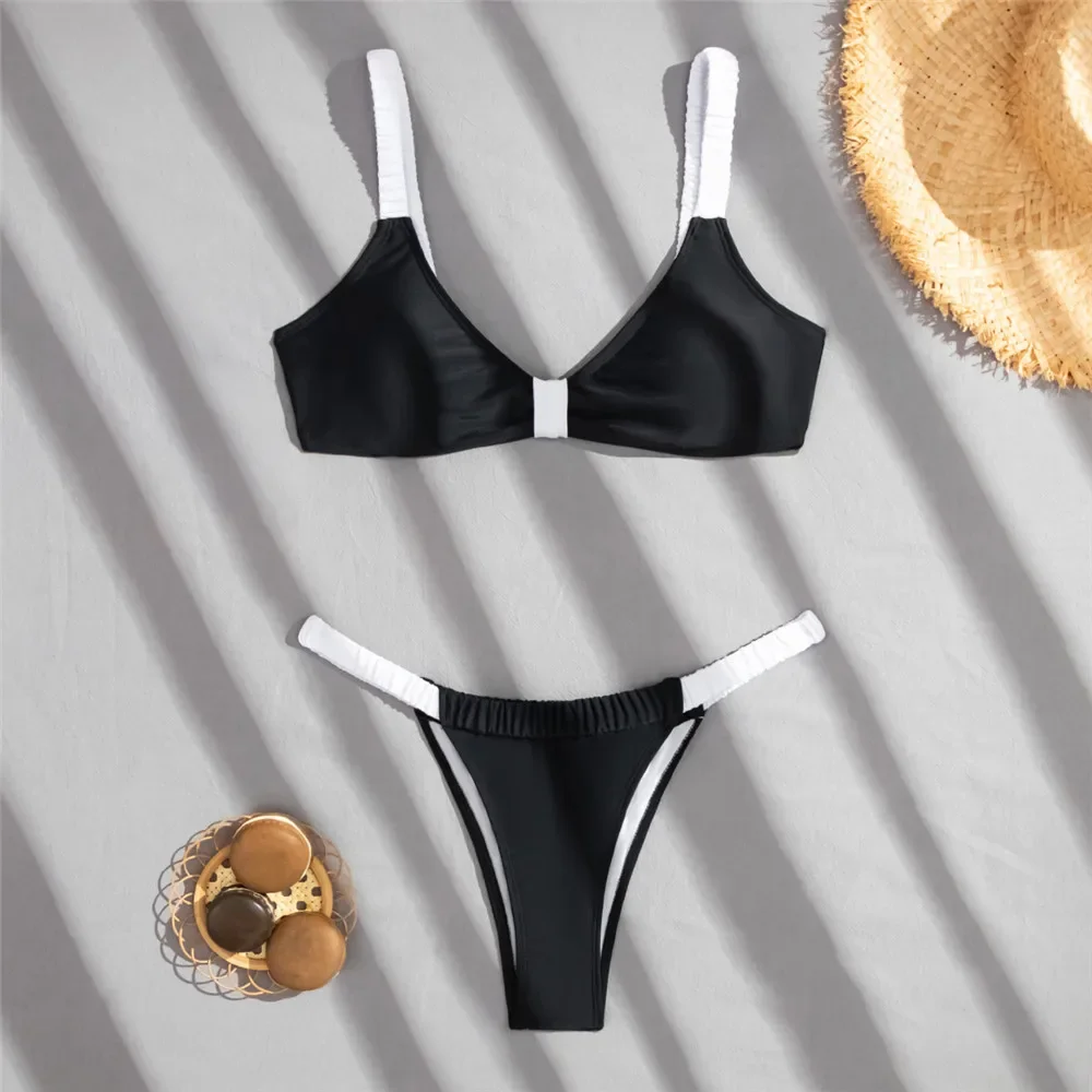 

Сексуальные черные стринги, комплект микро бикини, женский бандажный купальник, женский купальник 2025, белый лоскутный купальник, купальный костюм с высоким вырезом, бикини Mujer