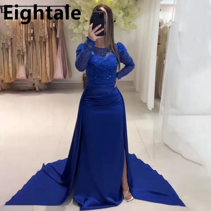 Eightale Customized 2025 Royal Blue Mermaid Sequin Long Sleeve Arabic Prom Dress Evening Dress Formal Party Gown Robes De Soirée