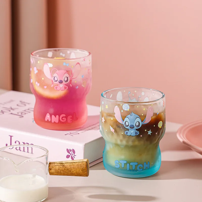 2Pcs Set Kawaii Stitch Glass Cup Disney Anime Cartoon Couple Drink Cup Heat-Resistant Breakfast Afternoon Tea Transparent Cup