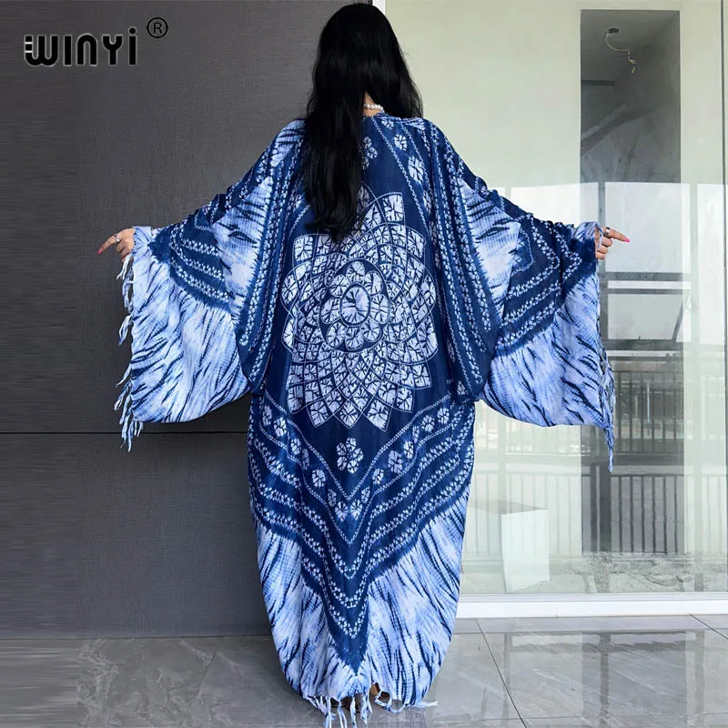 WINYI-Cardigan imprimé tie-dye à franges pour femmes, robe longue, élégante, bohème, ample, plage, natation, cover-up, kimono, été, haute qualité