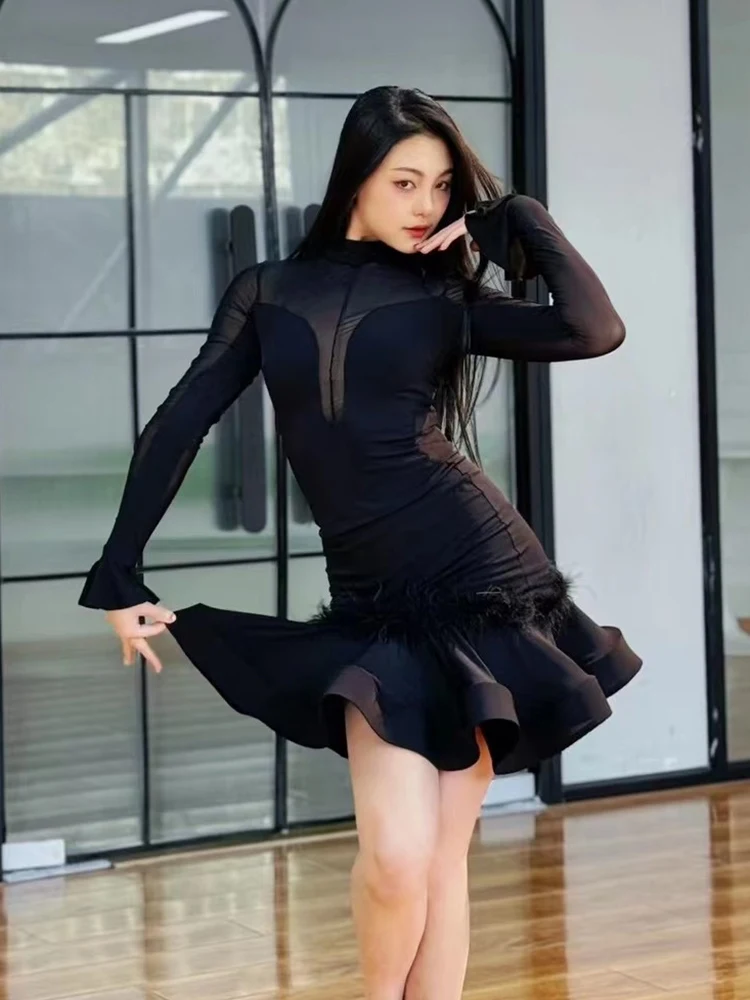 High Neck Mesh Long Sleeved Fishbone Skirt Latin Dance Dress For Women New Chacha Rumba Tango Adult Female Latin Dress DN17965