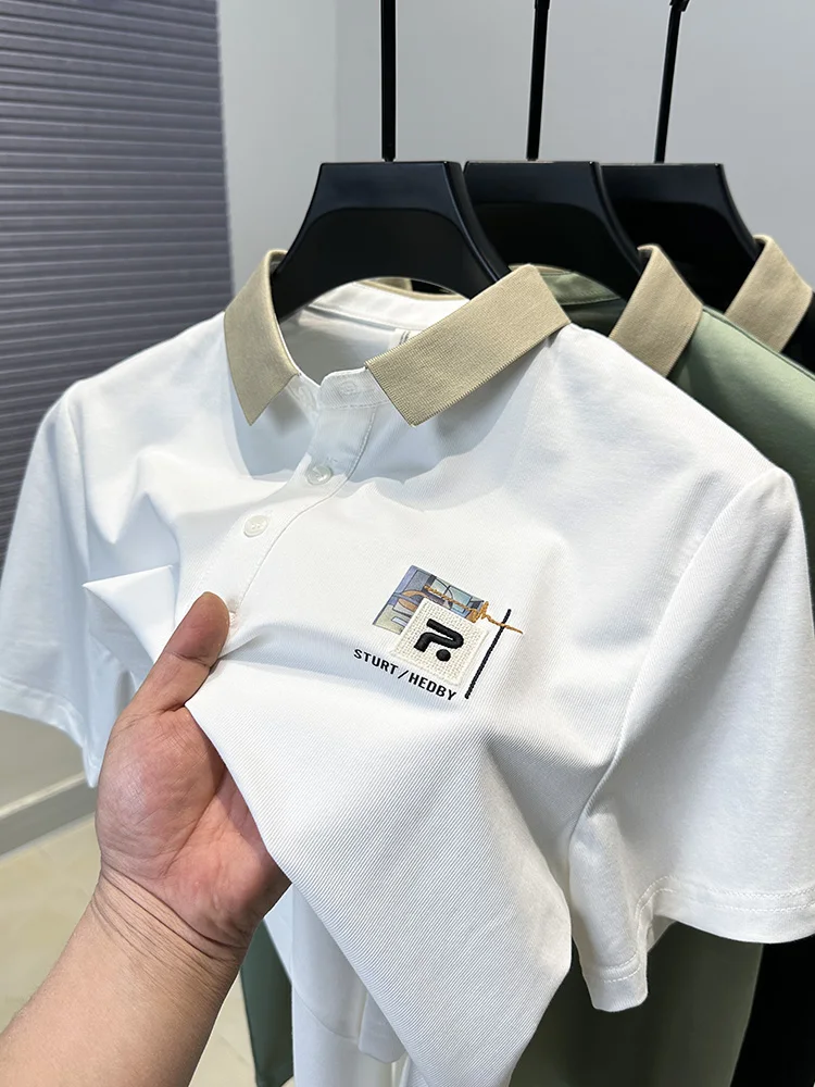 

High end men's summer new fashion boutique lapel embroidered polo shirt short sleeved breathable and comfortable versatile top