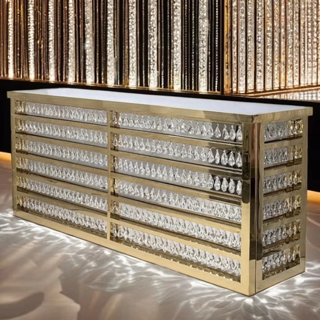 Luxury Crystal Bar Counter with Commercial Glass Top Rectangle Wedding Decor Pattern Home Hotel Bar Tables Made Stainless Steel