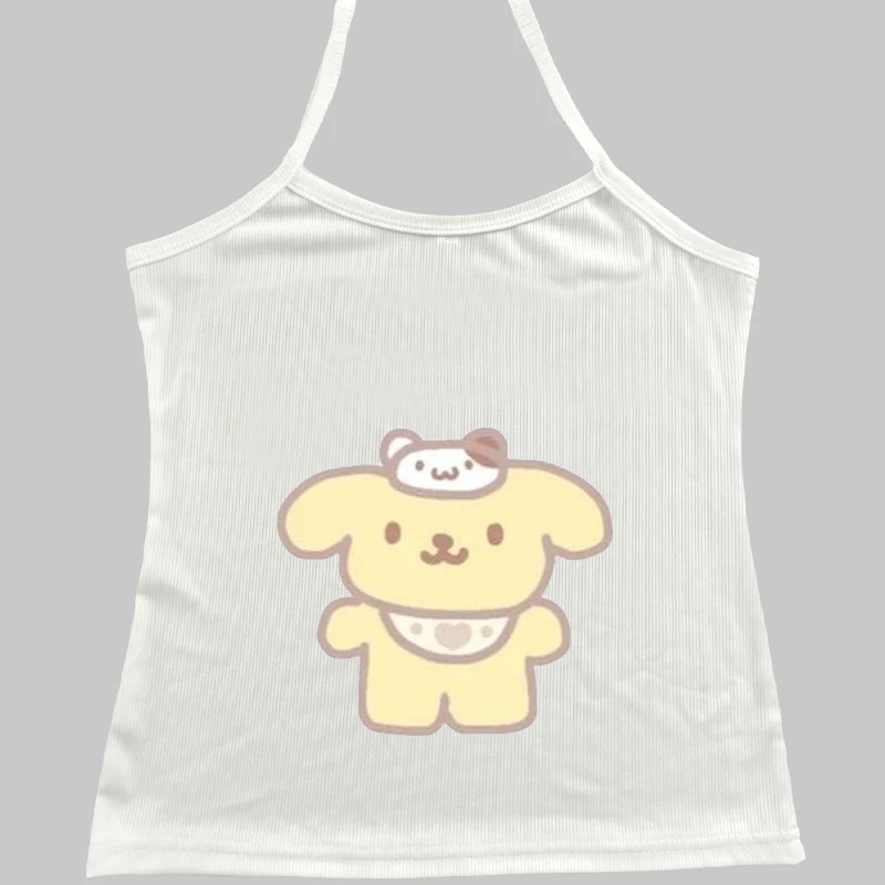 Japan Style Pom Pom Purin Sanrio  Sweet Girl Cartoon Casual Summer Girls Sleeveless Short T-shirt Y2K Vest Clothes