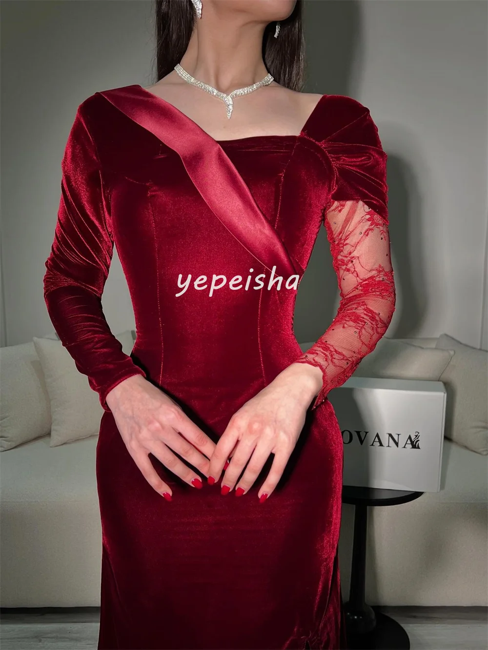 Customized Sexy Fashion Velour Pleat Lace Ruched Mermaid Square Neck Midi Dresses Evening Dresses Exquisite Sizes Available