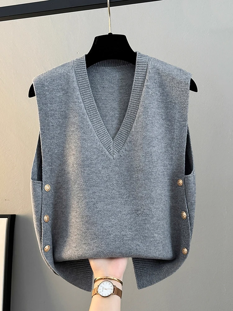 

Женский свободный вязаный жилет 2025: Новинка сезона Весна-Осень-Зима, V-образный вырез, верхняя одежда, шерстяная куртка, повседневный стиль, стандартная длина