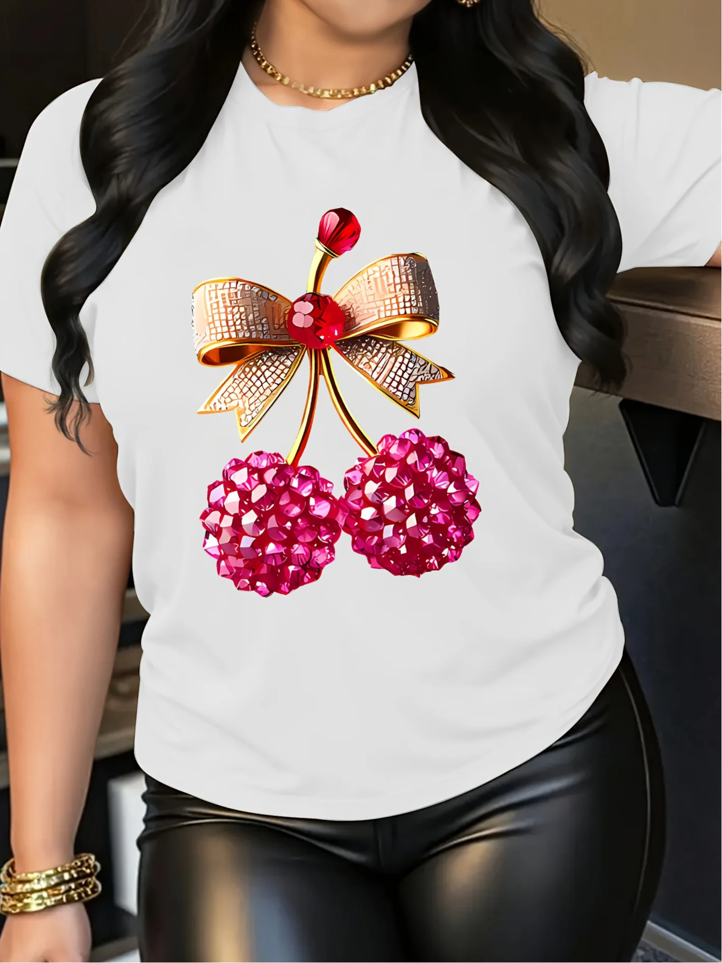 Women Rhinestone Cherry Coquette Bow Graphic T-Shirt Patriotic America Style Pure Cotton Round Neck Short Sleeve Tops 4th Of July Independence Day Mama Tees Summer Daily Game Day Themed Party Casual Wear