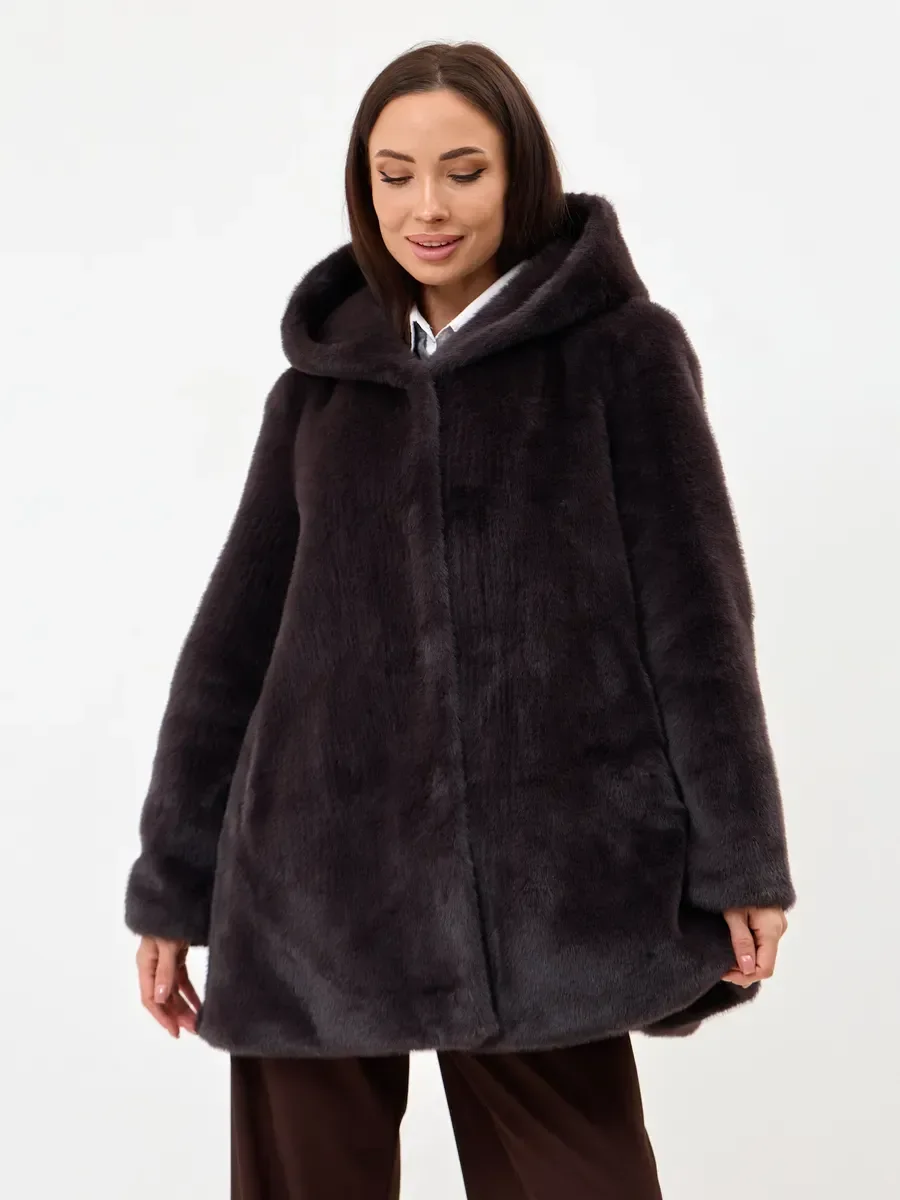 RU Women Hooded Faux Fur Coat Mid Length Hidden Button Loose Plush Outerwear