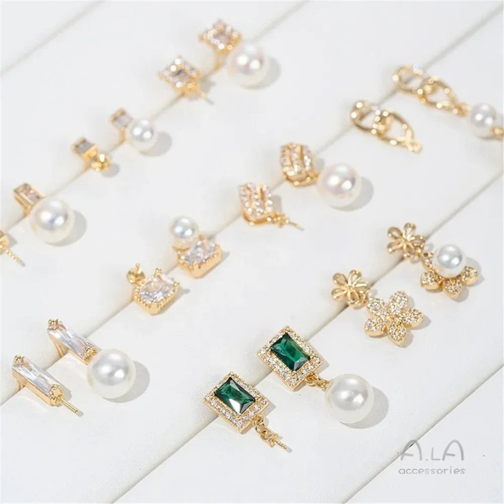 14K Gold-plating Zircon Square Rectangular Flower Bead Holder Silver Needle Earrings DIY Sticky Pearl Ear Jewelry Accessories