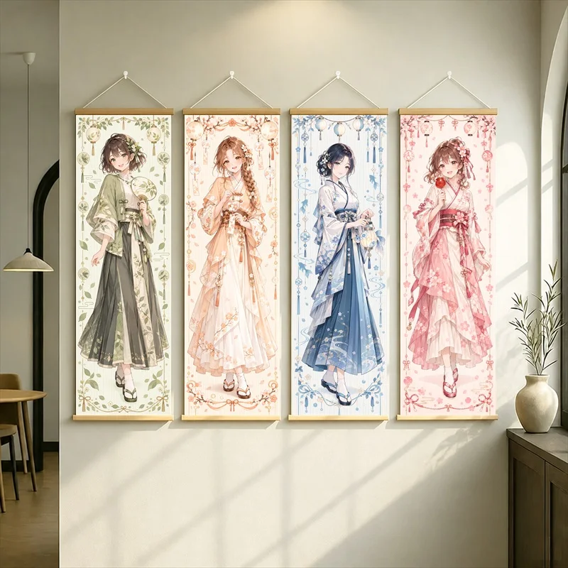 Anime Women in Green, Peach, Blue and Pink Flowing Dresses Hanging Scroll with Ornate Floral Borders for a Quiet Bedroom