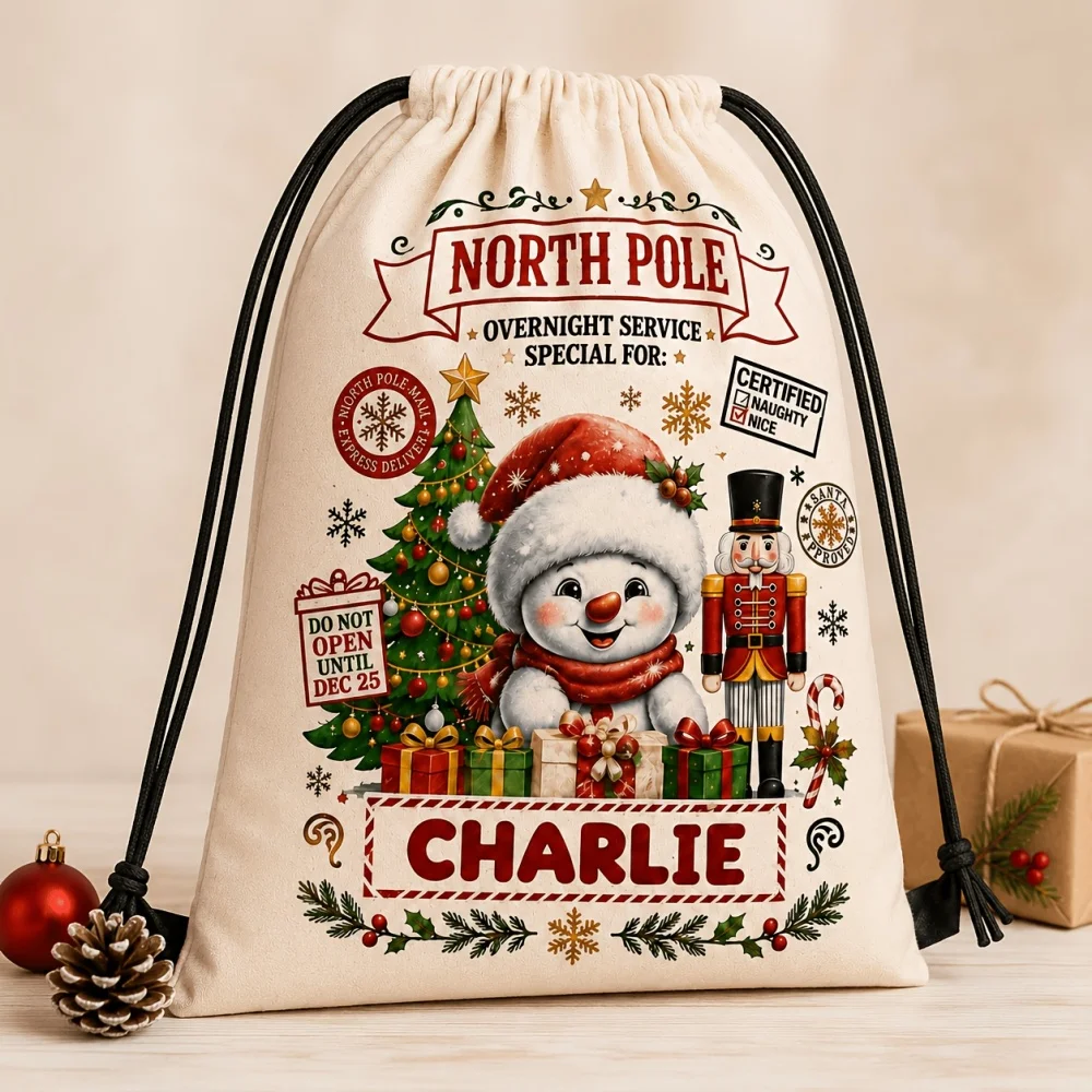 1Pc Christmas Custom Name/Text Drawstring Closure Backpack, Santa Claus Snowman Design Gift Storage Pouch, Xmas Party Candy Bag