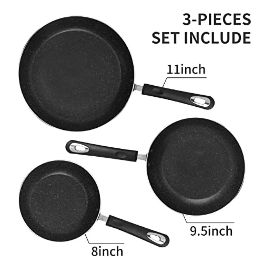 Antihaftbeschichtetes Bratpfannen-Set für das Kochen zu Hause und den professionellen Einsatz. 3-teiliges Induktions-kompatibles Pfannen-Set mit 8 Zoll 9,5 Zoll und 1