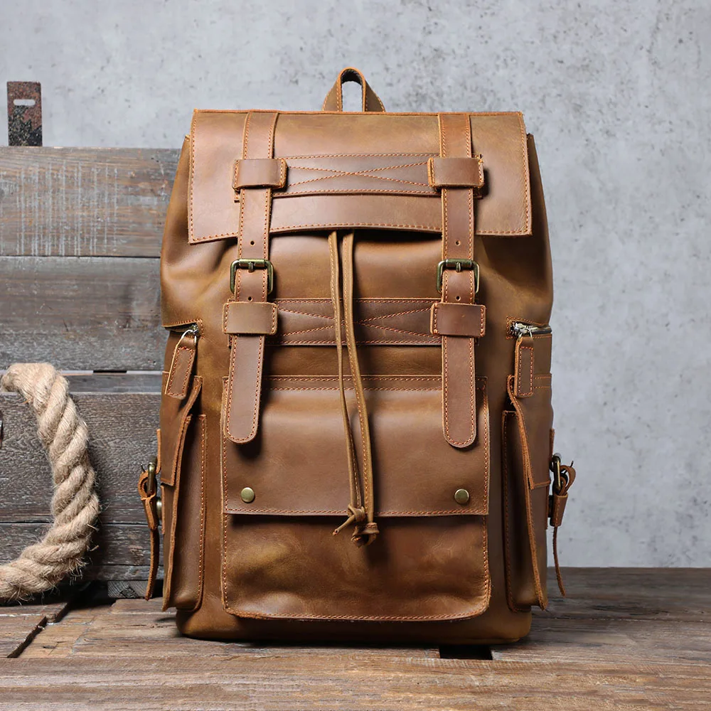 S.WORKER Vintage Echtleder Herrenrucksack Laptop-Tasche Casual Crazy-Horse Leder Schultasche Outdoor Reise-Weekender-Tasche – Detail 7
