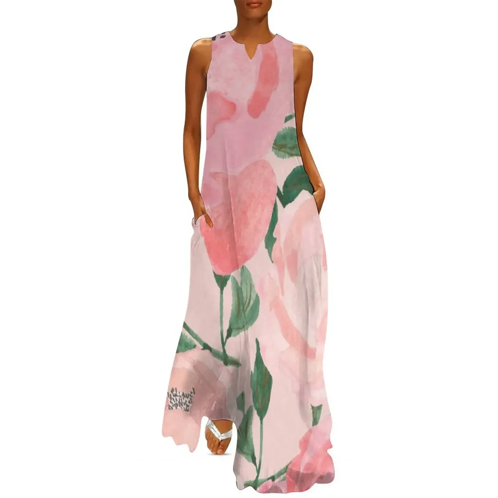 

Pink Peonies Watercolor on Blush Long Dress Dress woman women dress summer daily