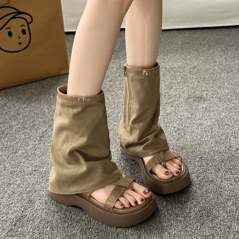 Designer Soft Leather Fashion Women Casual Open Toe Gladiator Wedges Sandals Outside Women Slippers Thick Sole Women Sandals