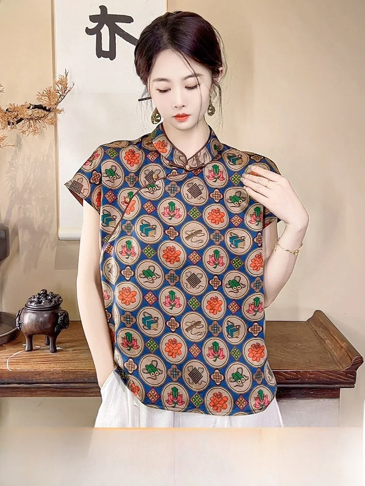 

Young Sle 00% Silk Traditional Chinese New Faion Women's irt Comfortable Breathable ort Sve Printed Casual Top