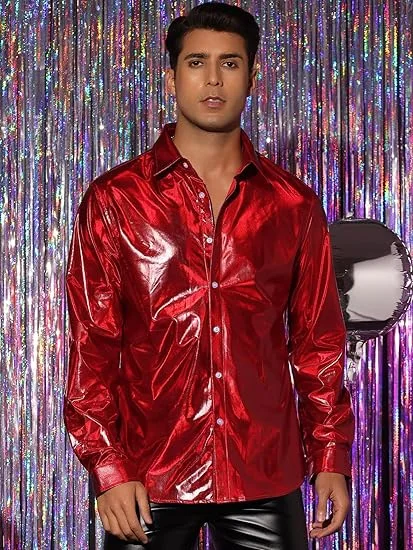 

Мужская модная однотонная яркая рубашка с длинными рукавами для вечеринки, ночного клуба, блестящий золотой праздничный костюм с длинными рукавами