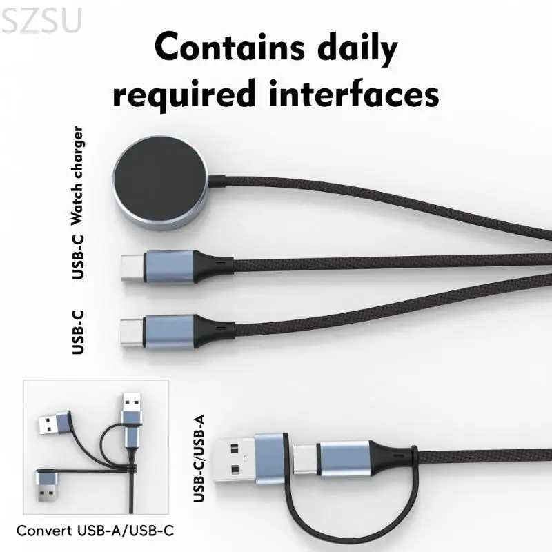 SZSU 100W 5 in 1 USB C หลายสายชาร์จ Fast CHARGING สำหรับโทรศัพท์ SmartWatch Pad สายถัก