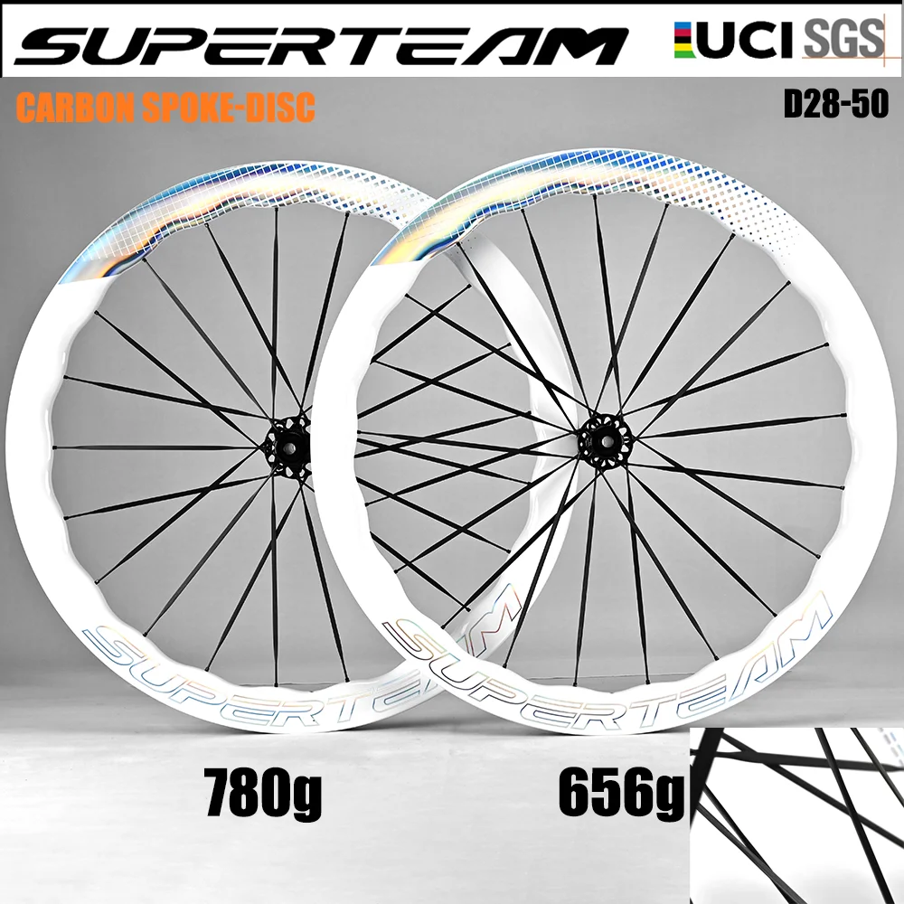 Superteam 50mm Carbon Wheelset Glossy Finish Disc Brake White Tubeless Center Lock RATCHAT 36T Hub for HG/XDR Carton Spoke