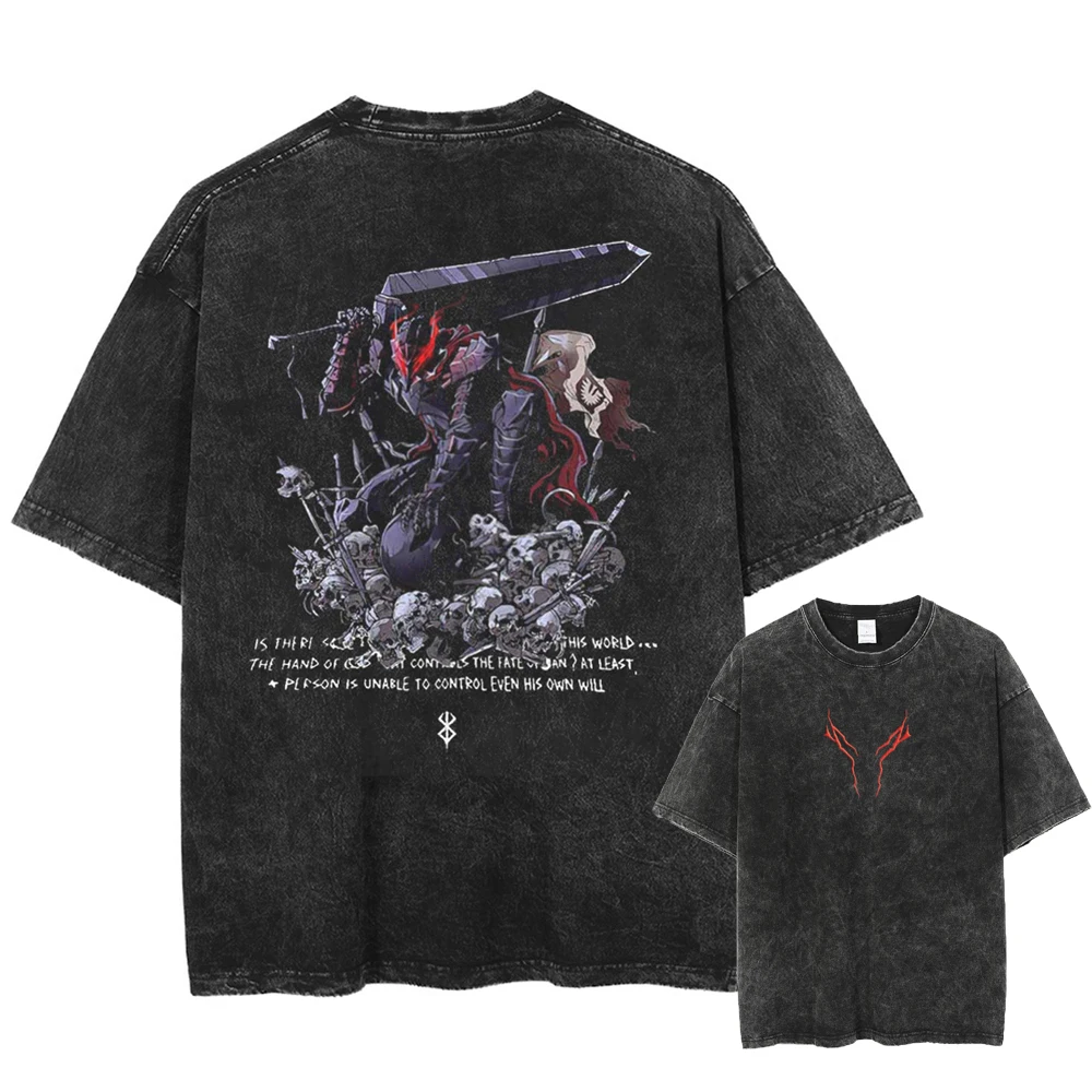 Berserk Guts Anime T-Shirt Herren Vintage Gewaschenes Schwarz Übergroßes Streetwear Baumwoll-Kurzarm-Shirt mit Grafik Unisex Oberteil – Detail 6