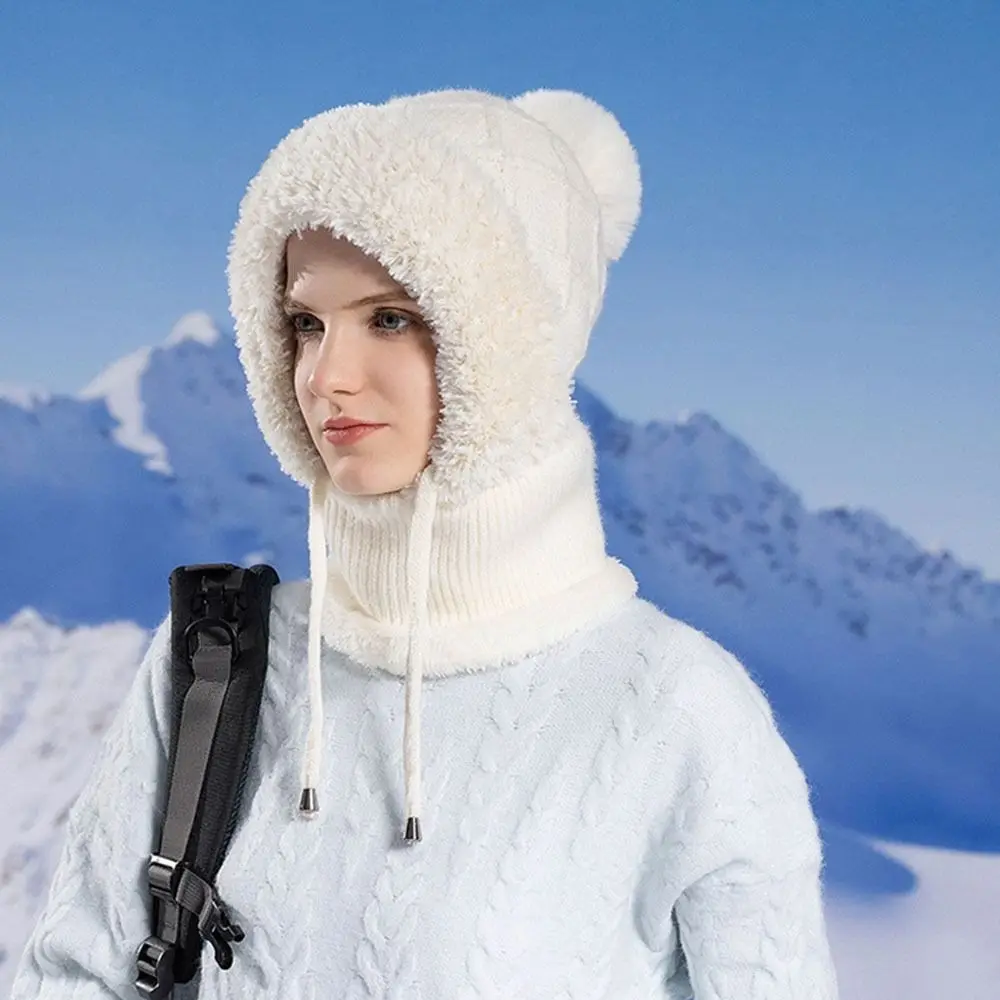 

Casual Plush Winter Fur Cap Mask Set Solid Color Keep Warm Scarf All-In-One Hat Thickened Ear Protection Balaclavas Hat Ski