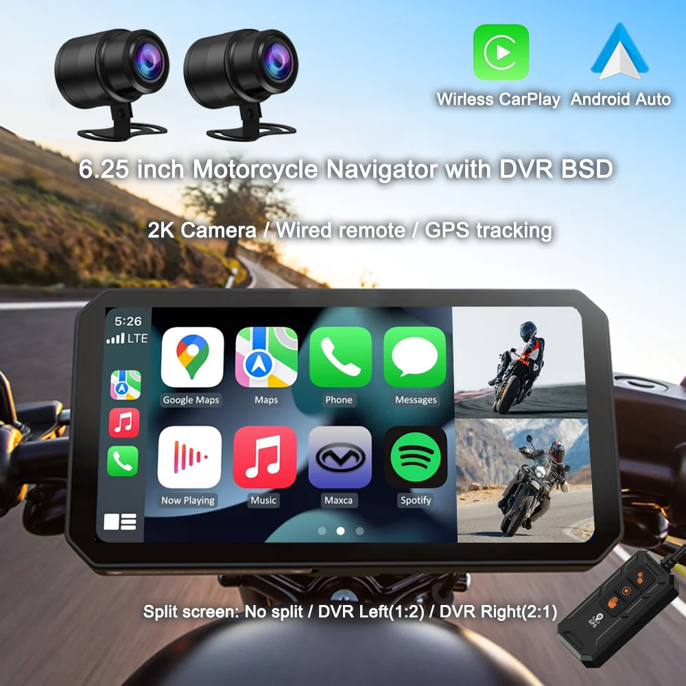 MAXCA X7 6.25 بوصة دراجة نارية لاسلكية Carplay أندرويد السيارات الملاح مع 2K مسجل كاميرا BSD تتبع GPS