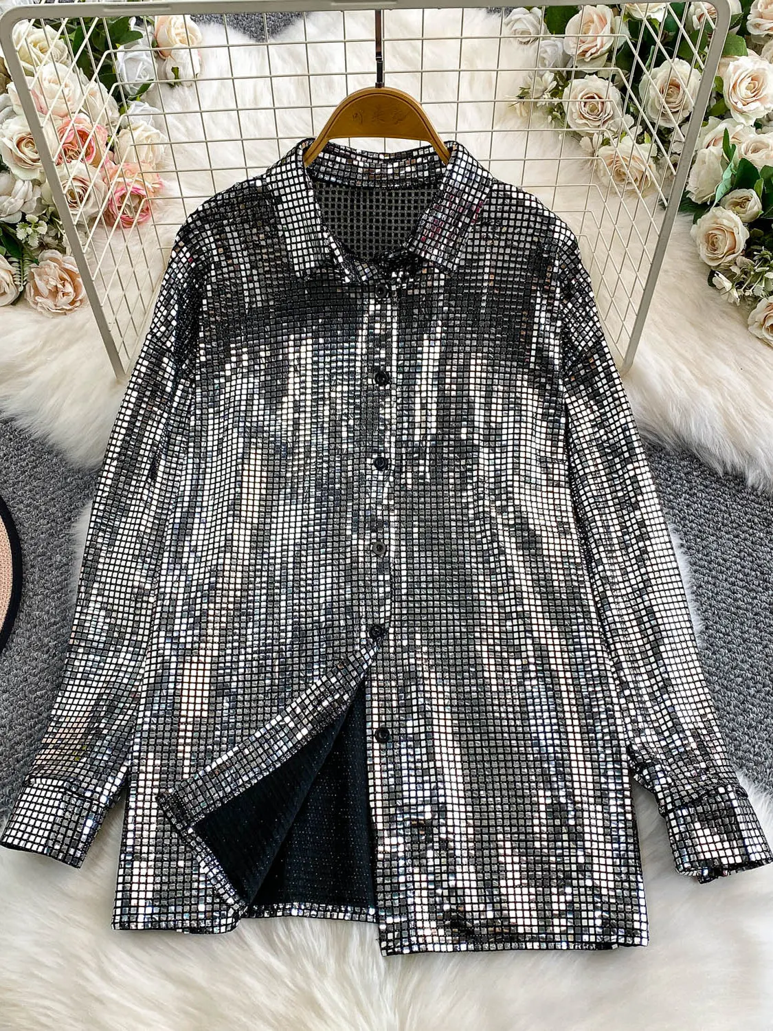 Ele الثقيلة المعادن الترتر الوقوف طوق irt المرأة فضفاضة التخسيس ملابس خارجية لأداء المرحلة الشتاء Faion السيدات #1