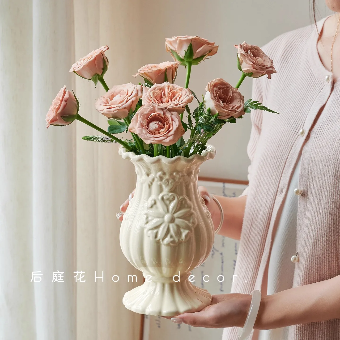 

French style ceramic vase with a light luxury and high-end feel. Water nourishing rose and lily flower arrangement for living ro