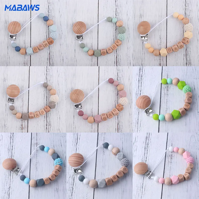 Customized Wood Pacifier Clip Beech Letter Beads Safe Teething Chain Personalized Name Baby Teether Dummy Clips Holder Toy Gift