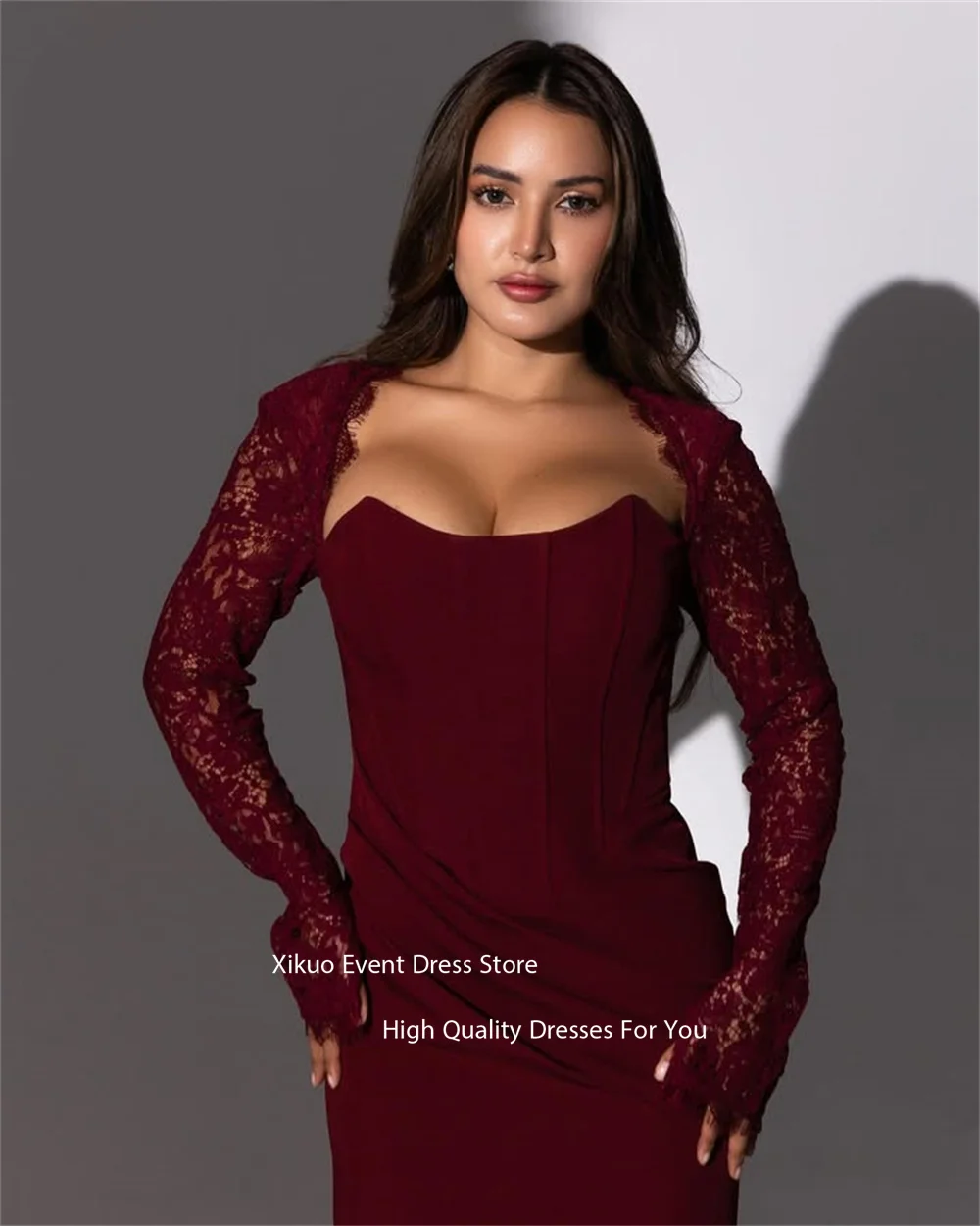Xikuo Lange Applikationen Spitze Ärmel Abendkleider Burgund Gerade Robe Cocktail Femmes Satin Chic Robes De Soirée Angepasst