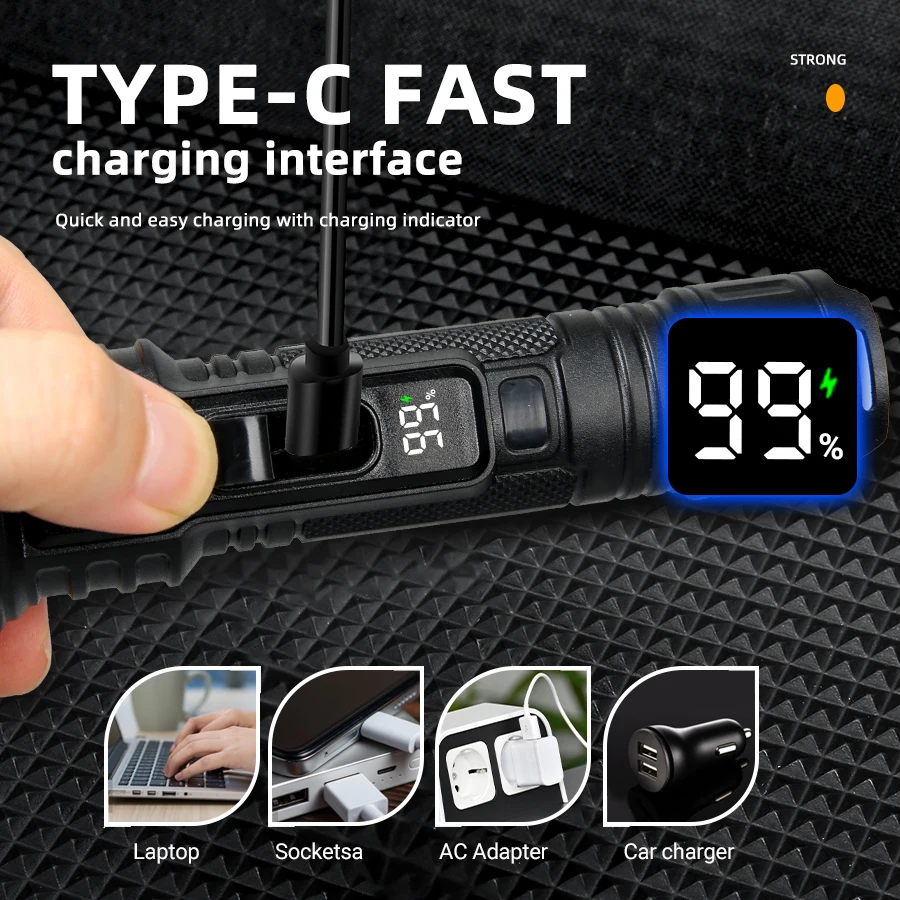 Linterna Led portátil, linterna con zoom recargable por USB, luz fuerte, lámpara táctica de 6 modos para acampar, pescar, linterna de emergencia