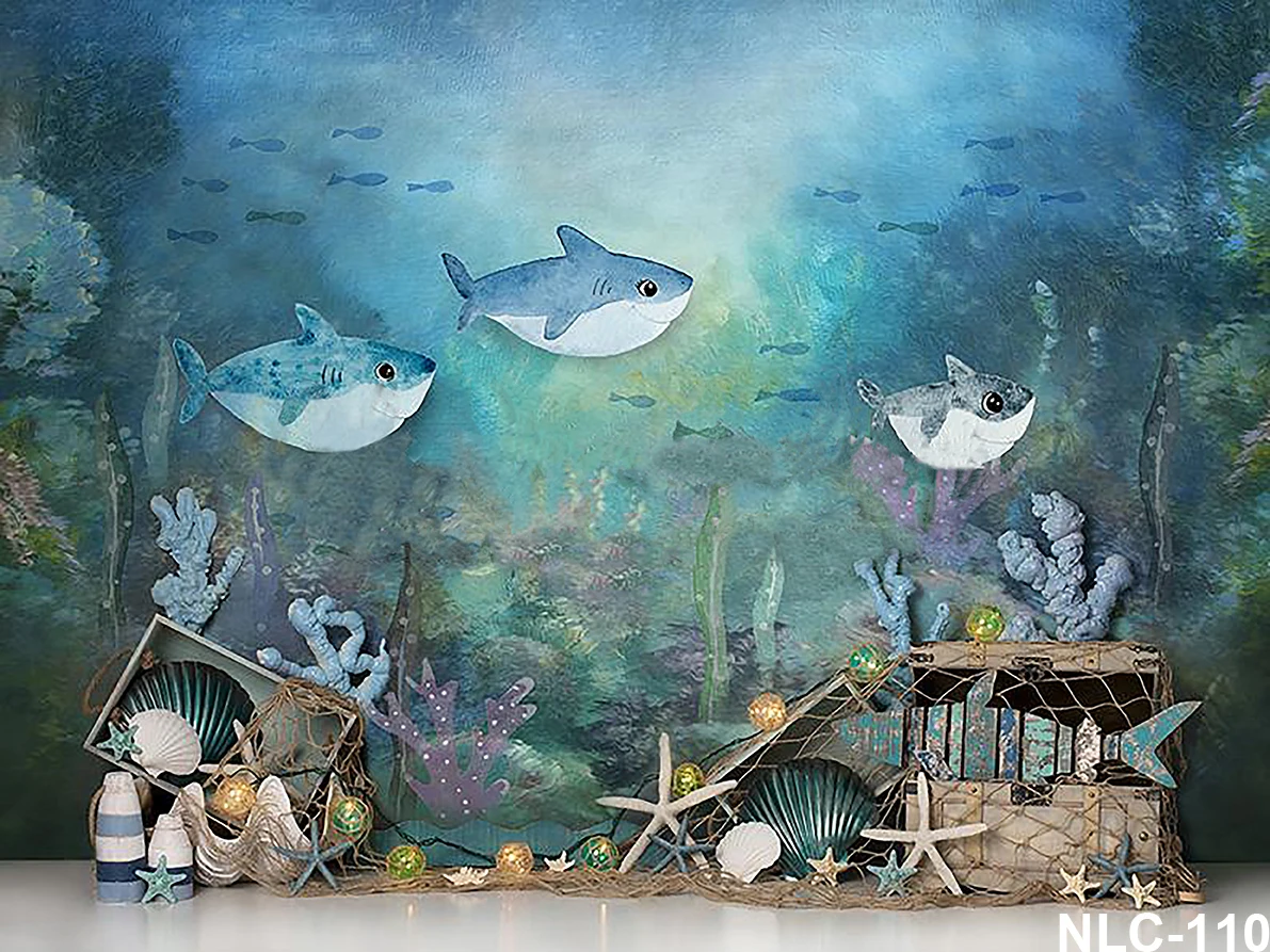 Under The Sea Kids Birthday Background Dolphin Shark Mermaid Boys Birthday Party Decor Baby Shower Backdrop Banner Photo Studio