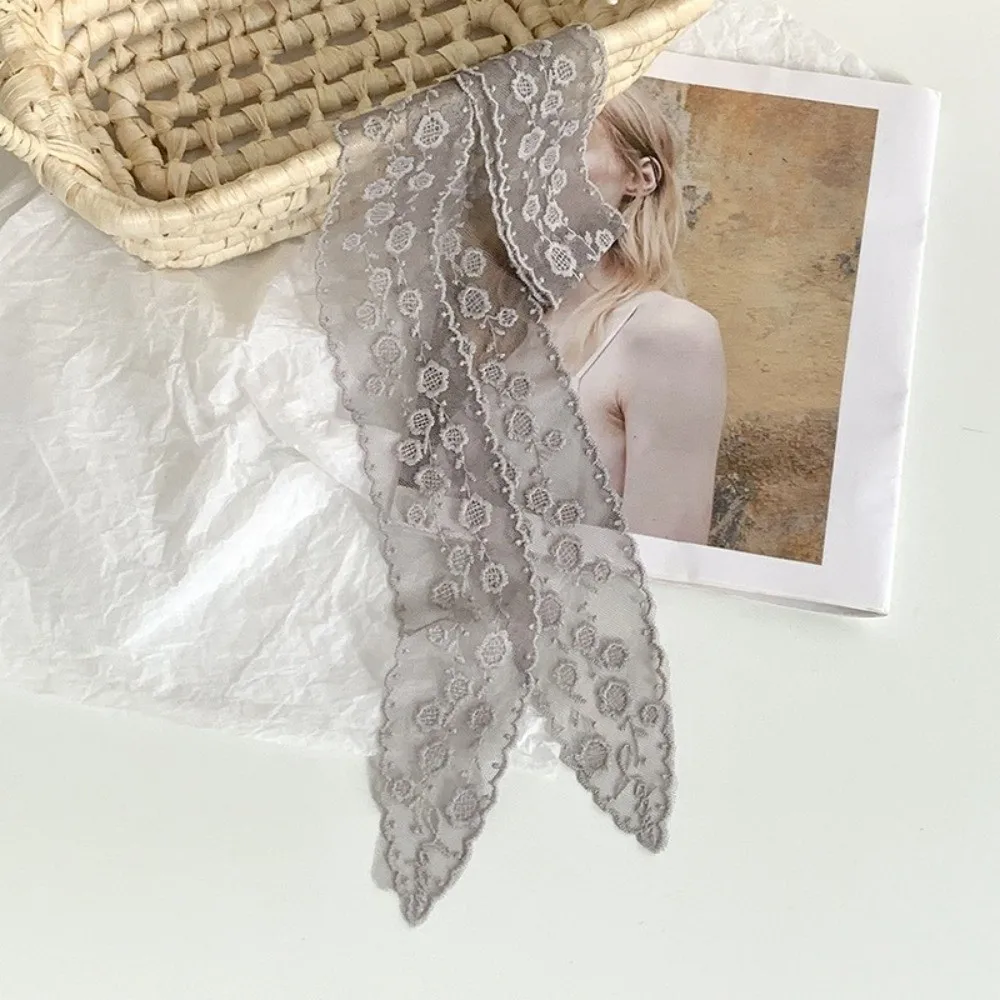 

Fashion Long Skinny Ribbon Lace Scarf Solid Color Floral Embroidery Head Scarf Thin Tie Up Headband