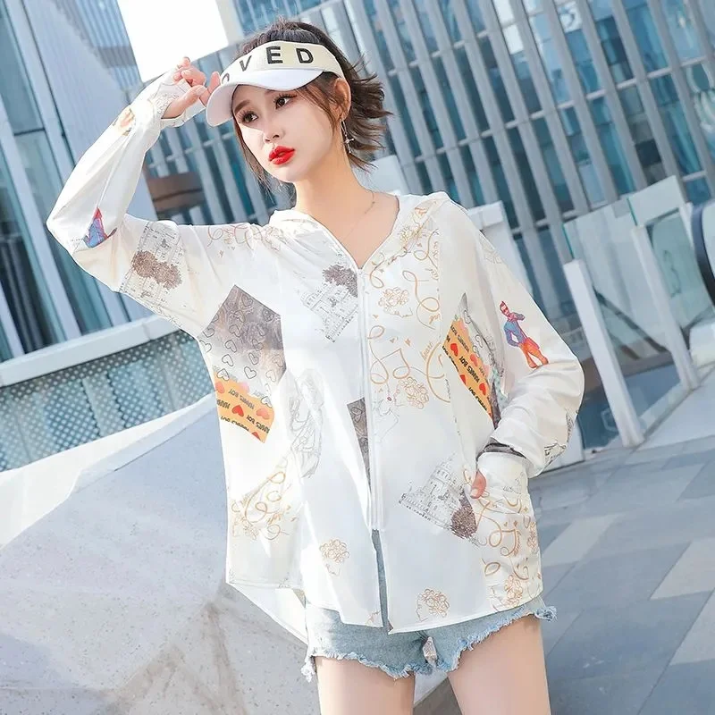 

Sun Protection Clothing Jacket Women's 2024 Summer New Ice Silk Thin Sunscreens Coat Breathable Hooded UV Protection Female Tops