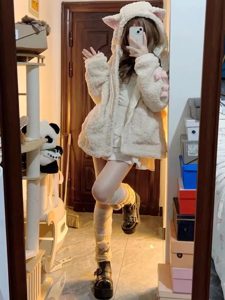 

Осень-зима, милая теплая верхняя одежда для девочек, мягкие милые белые плюшевые уши, модный галстук-бабочка, повседневное свободное удобное пальто с капюшоном