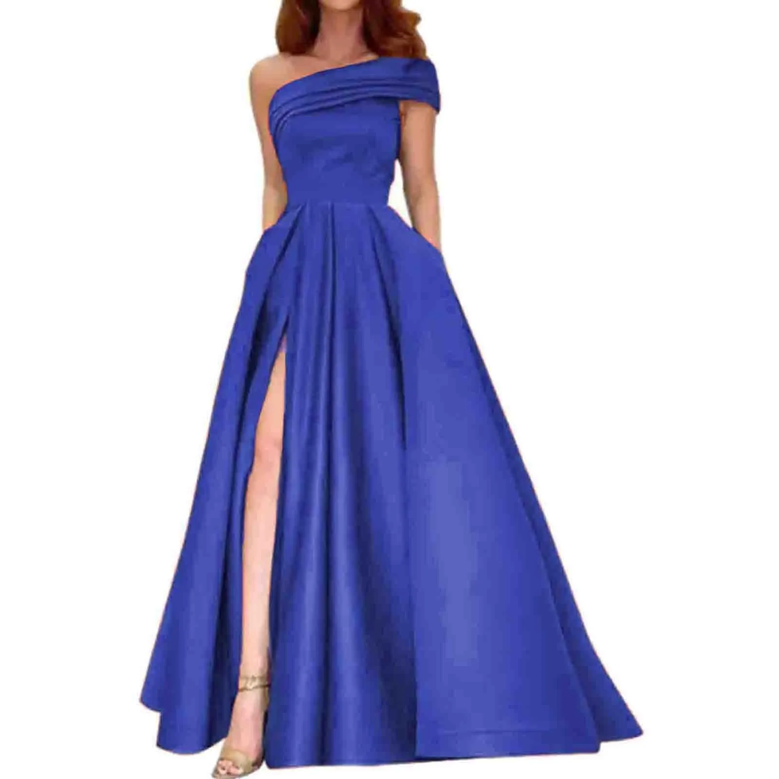 Women Sexy Off Shoulder Long Dress Elegant Hight Split Waist Slim Party Dress Summer Casual Sleeveless Solid Color Maxi Dress