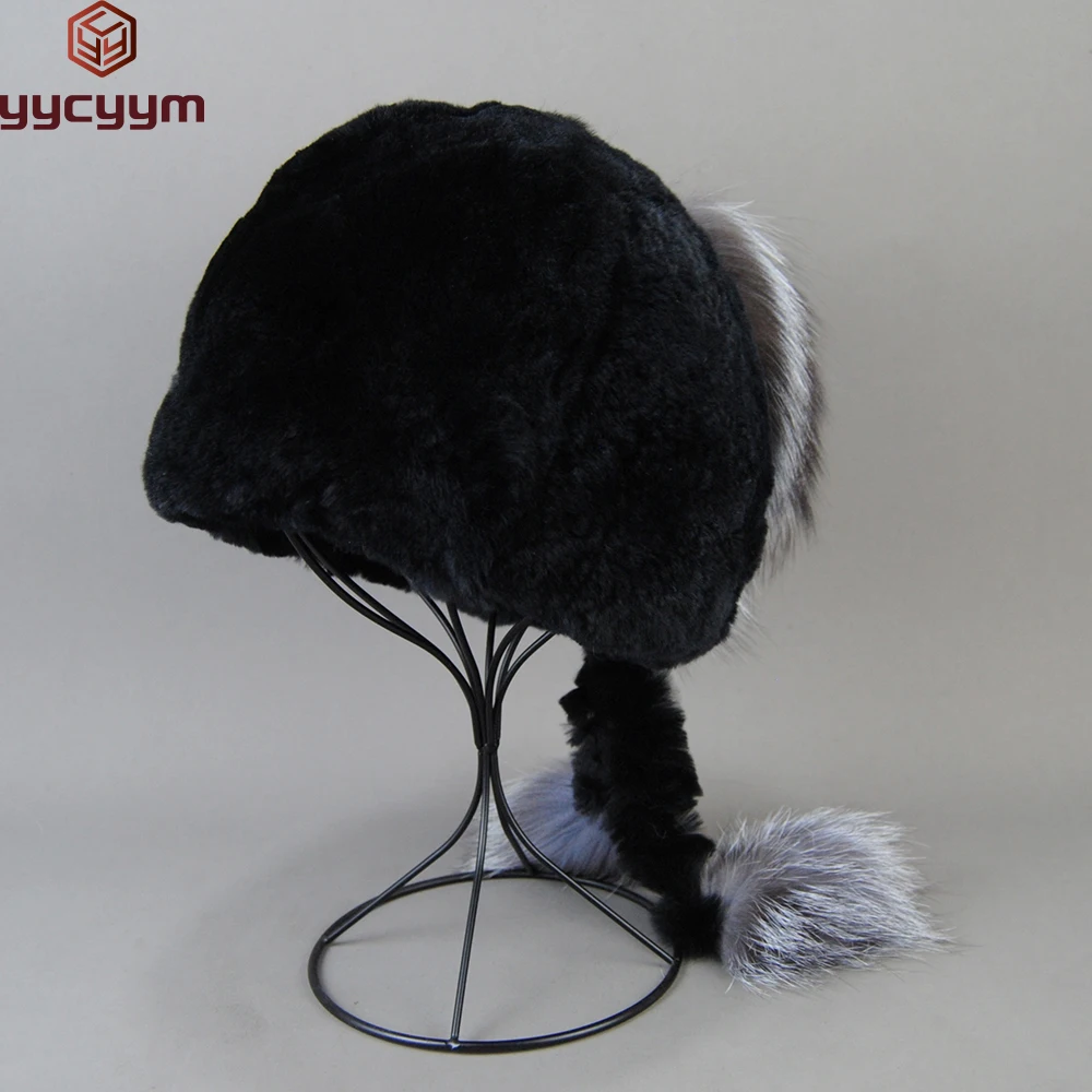 

New Winter Fur Hat for Women Real Rex Rabbit Fur Hats with Silver Fox Fur Flower Knitted Beanies Caps New High-end Women Fur Cap