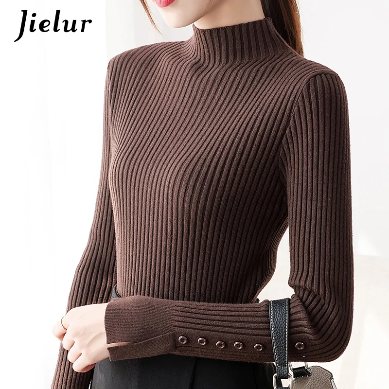 New Semi Turtleneck Women\'s Sweaters Pullover Korean Slim Warm Basic Knitwear Fall Brown Black Sweater Female Button S-XL