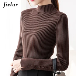 Pulls semi-col roulé pour femmes pull coréen Slim chaud tricots de base automne marron noir pull femme bouton S-XL