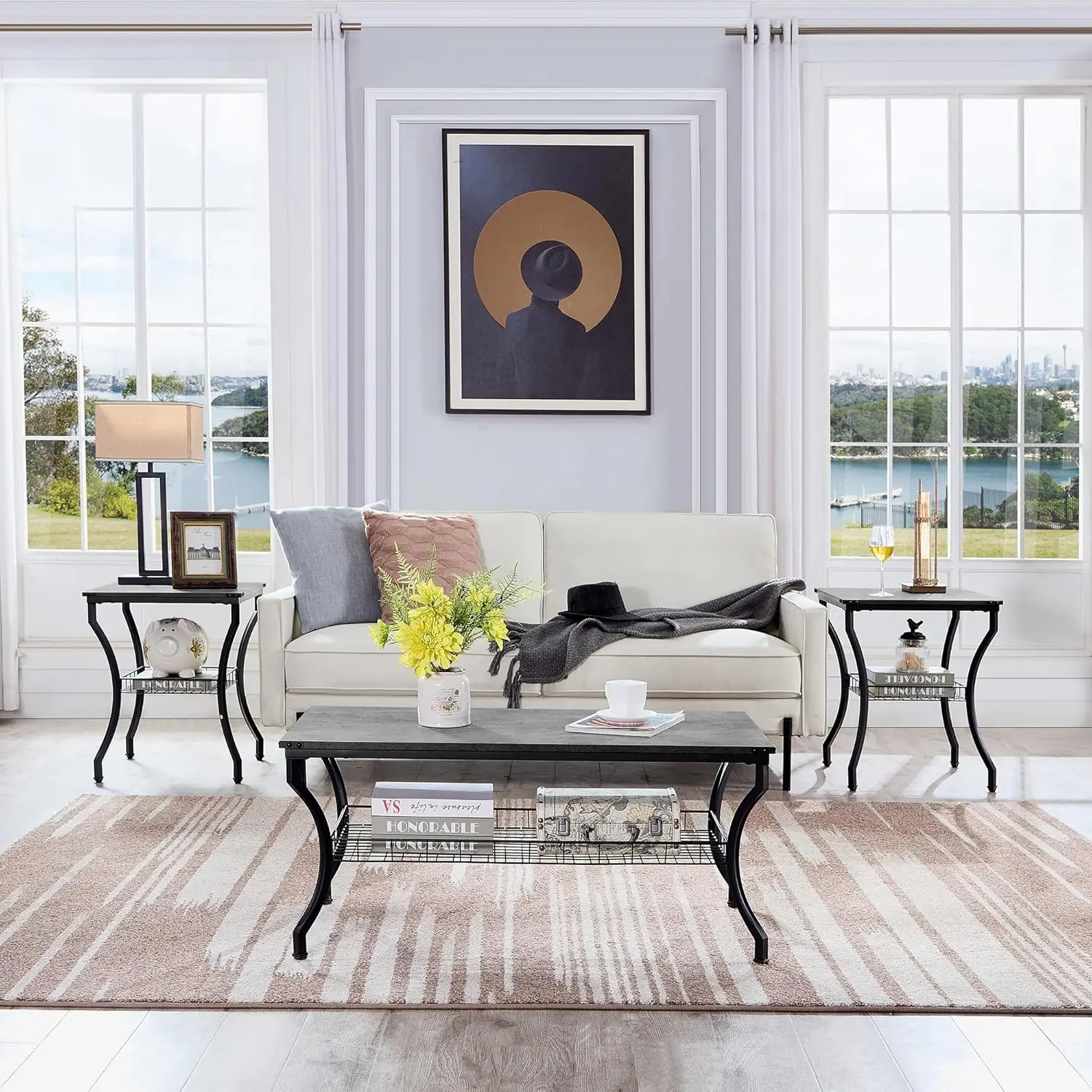 Barang Baru! 3 Set Meja Ruang Tamu, Meja Kopi dan Meja Samping dengan Rak Penyimpanan Terbuka untuk Apartemen, Kantor Rumah, Ukuran Kecil