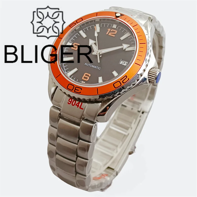 BLIGER 41mm Automatic Watch For Men Orange Bezel Sapphire Glass With Green Luminous Dial NH35 Mingzhu2813 Miyota8215 PT5000 Date