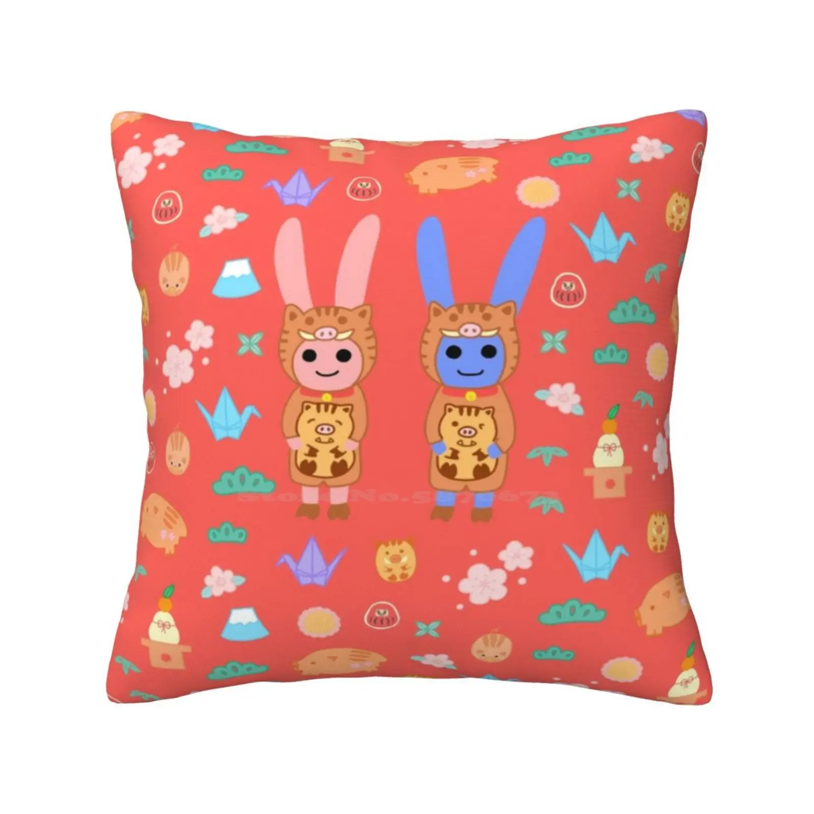 Rabbits Love Of Japan Funny Cute Decor Square Pillowcase Rabbits Bunny Bunnies Pigs Boars Animals Cute Animal Pattern Cute