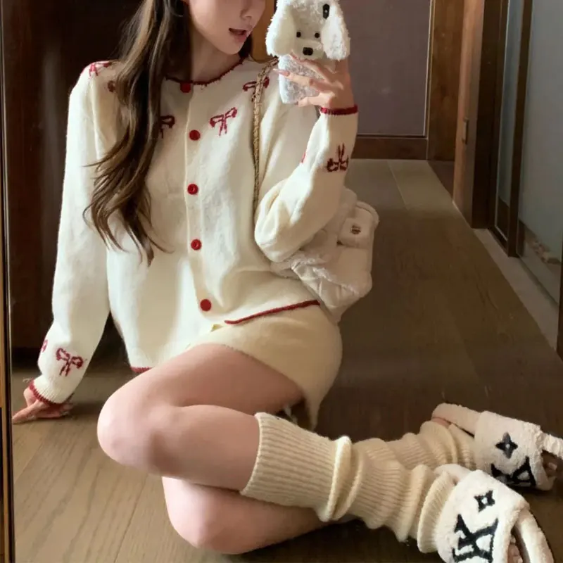 

Gentle Korean Bow Knitted Cardigan Female Clothing Round Neck Casual Autumn Winter Long Sleeve Basic Single-breasted Sweaters