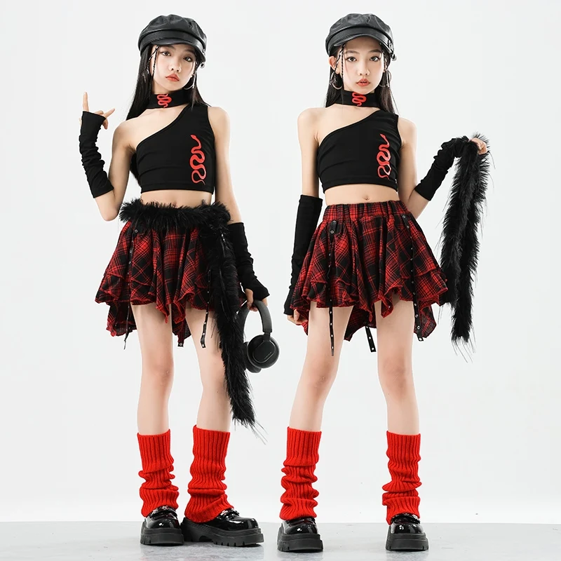 

New Jazz Dance Costume Girls Cheerlead Dance Clothes Black Crop Tops Red Checked Skirt Fashion Catwalk Stage Clothing BL15397
